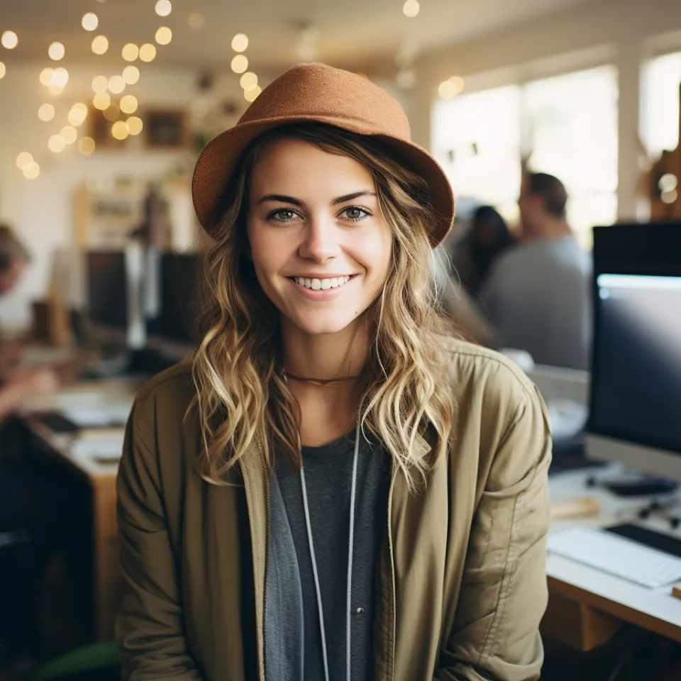 Mulher portuguesa sorrindo em escritório